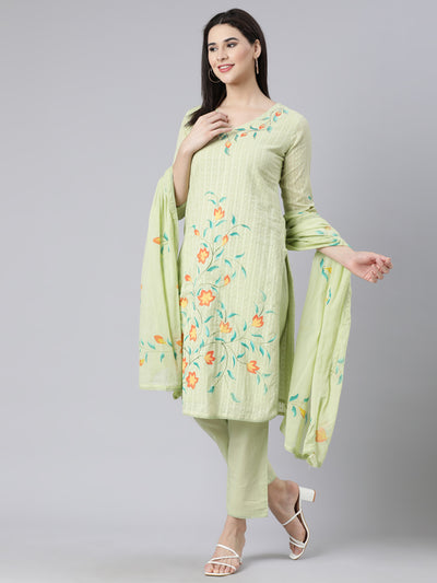 Neerus Green Panelled Straight Printed Kurta And Trousers With Dupatta