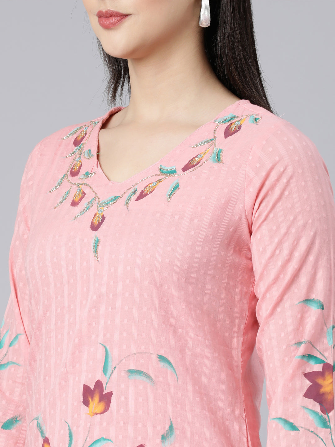 Neerus Pink Panelled Straight Printed Kurta And Trousers With Dupatta