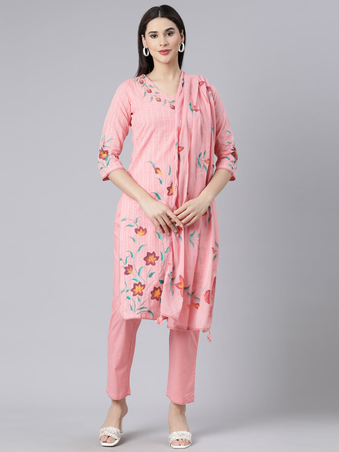 Neerus Pink Panelled Straight Printed Kurta And Trousers With Dupatta