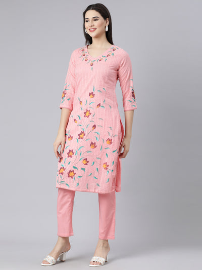 Neerus Pink Panelled Straight Printed Kurta And Trousers With Dupatta