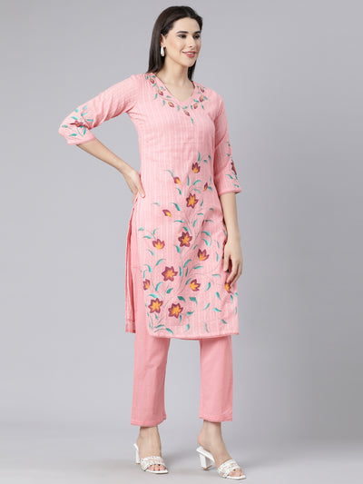 Neerus Pink Panelled Straight Printed Kurta And Trousers With Dupatta