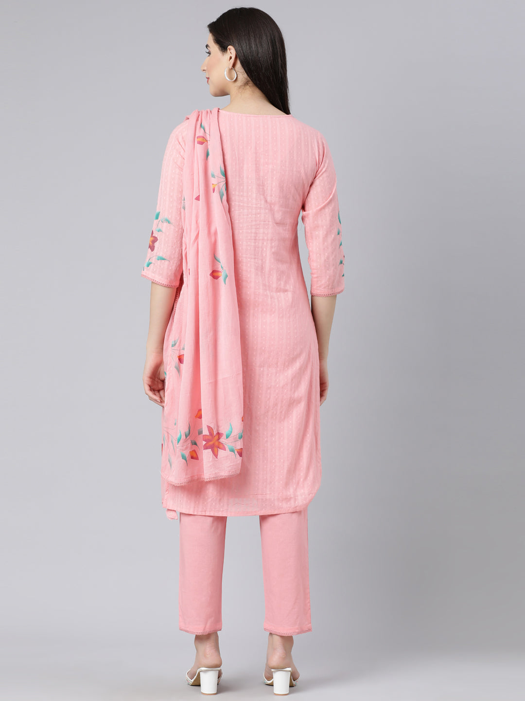 Neerus Pink Panelled Straight Printed Kurta And Trousers With Dupatta