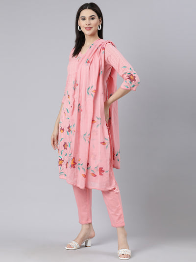 Neerus Pink Panelled Straight Printed Kurta And Trousers With Dupatta