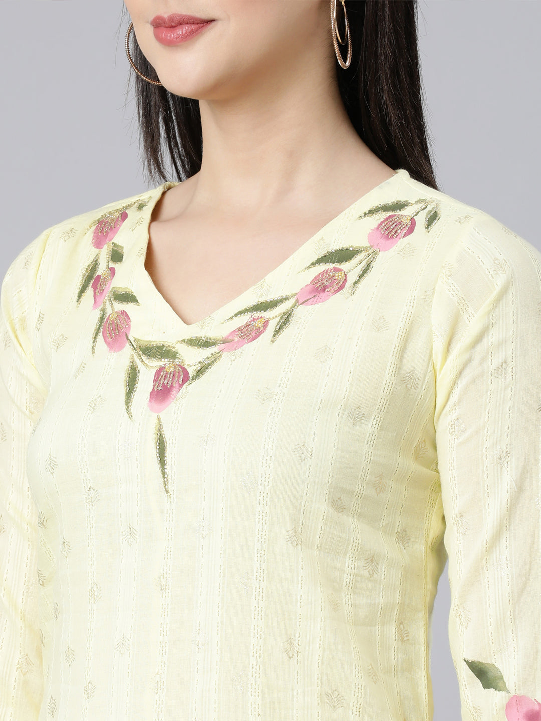 Neerus Yellow Panelled Straight Printed Kurta And Trousers With Dupatta