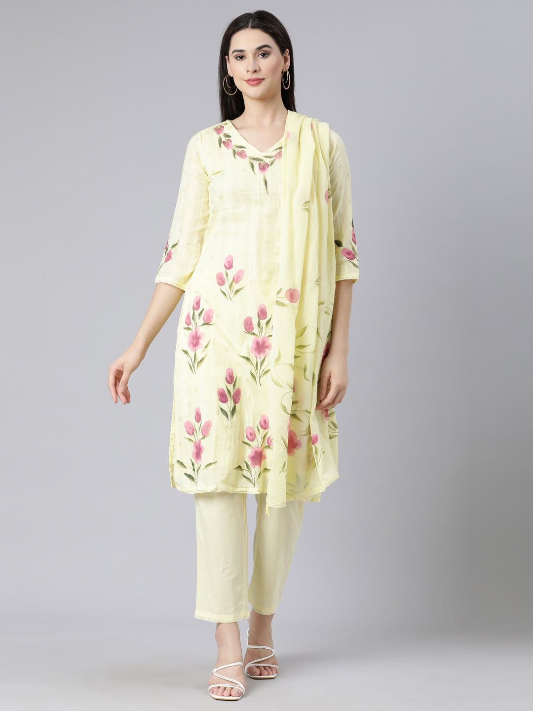 Neerus Yellow Panelled Straight Printed Kurta And Trousers With Dupatta