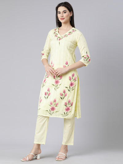 Neerus Yellow Panelled Straight Printed Kurta And Trousers With Dupatta