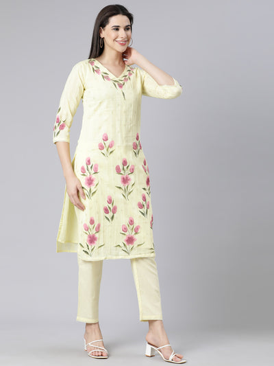 Neerus Yellow Panelled Straight Printed Kurta And Trousers With Dupatta