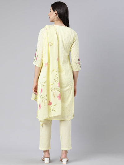 Neerus Yellow Panelled Straight Printed Kurta And Trousers With Dupatta