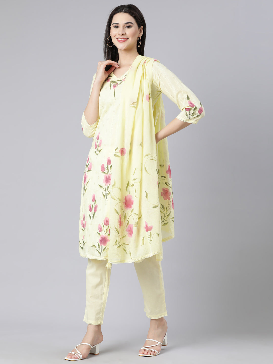 Neerus Yellow Panelled Straight Printed Kurta And Trousers With Dupatta