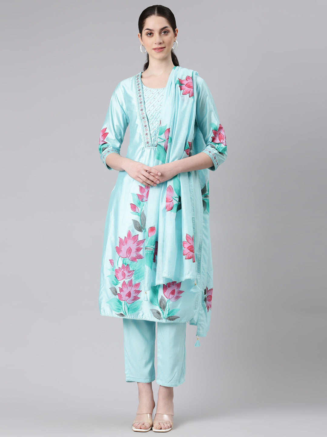 Neerus Women Blue Straight Kurta and Trousers With Dupatta