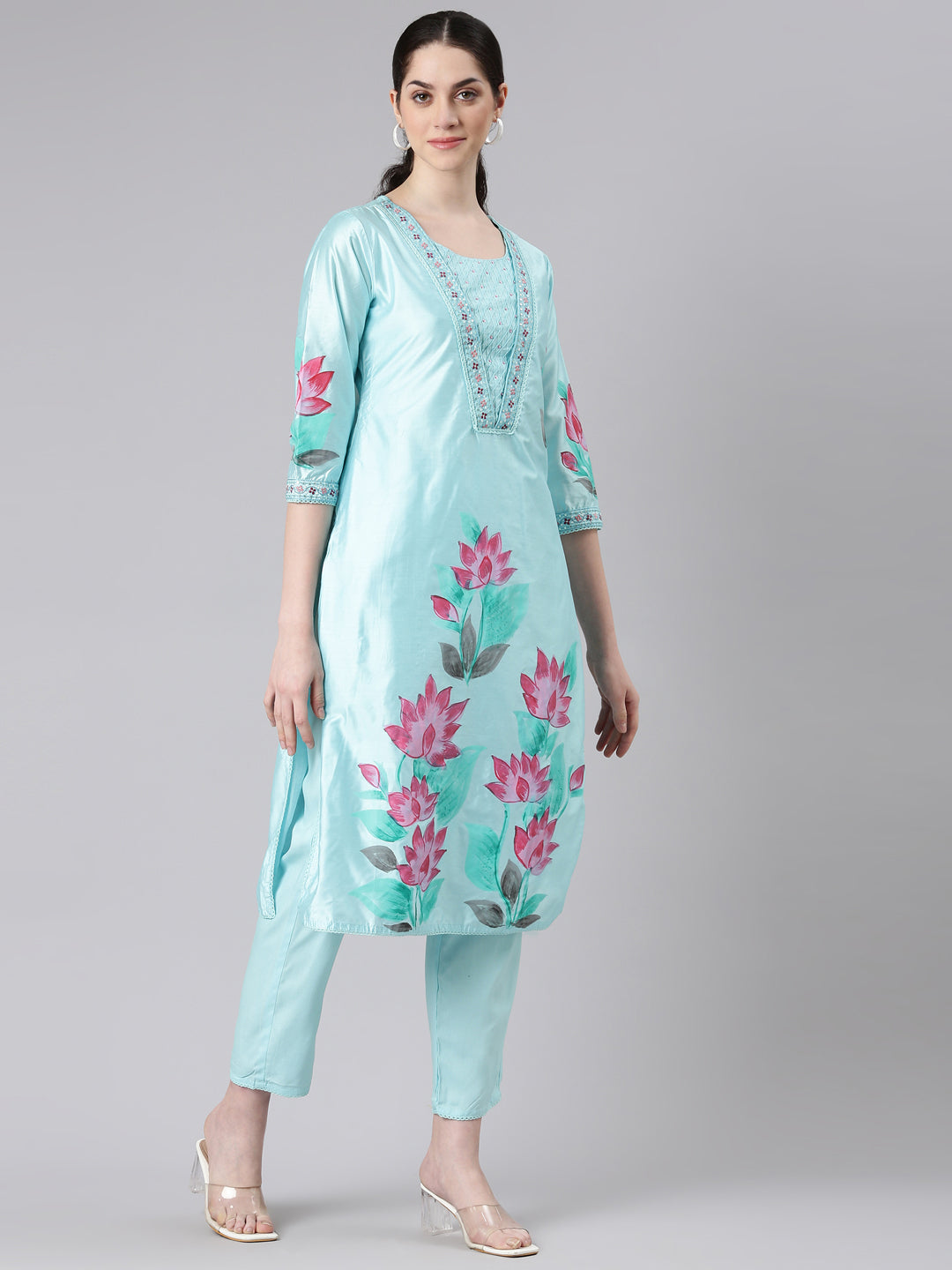 Neerus Women Blue Straight Kurta and Trousers With Dupatta