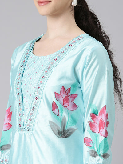 Neerus Women Blue Straight Kurta and Trousers With Dupatta