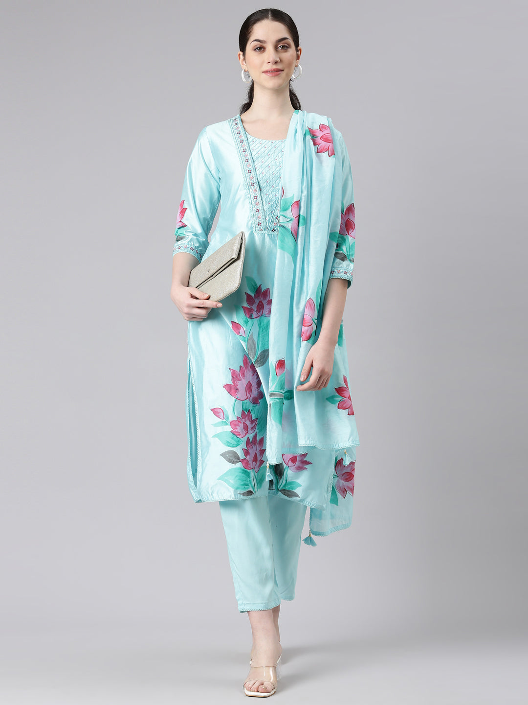 Neerus Women Blue Straight Kurta and Trousers With Dupatta