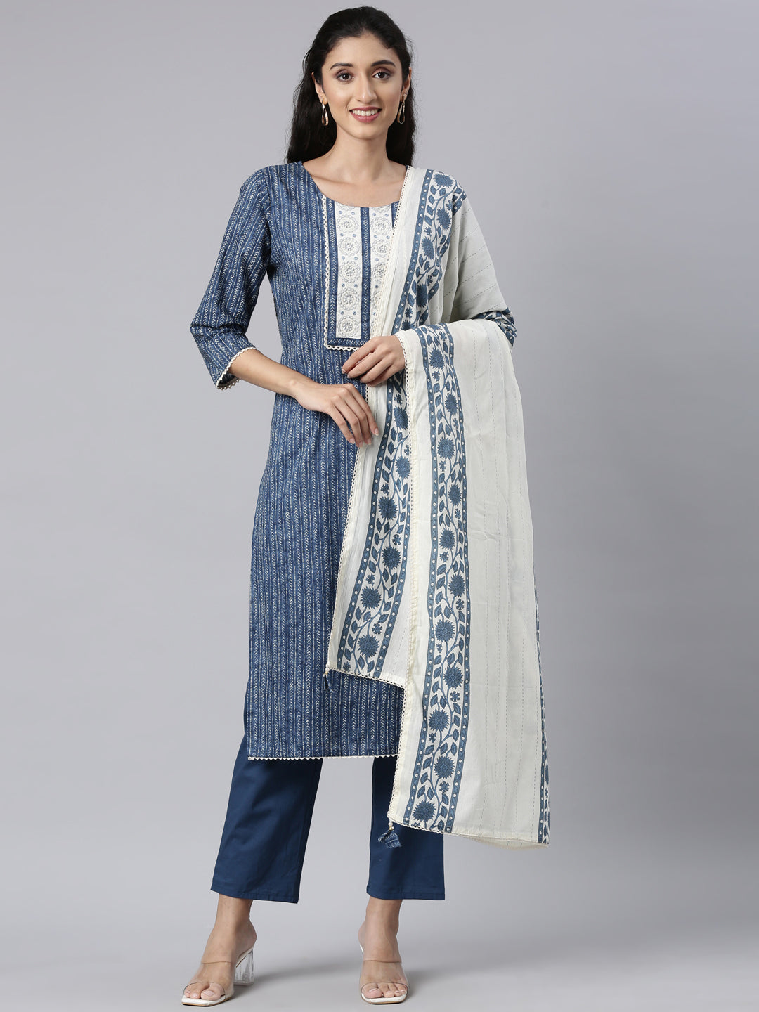 Neerus Blue Panelled Straight Kurta and Trousers With Dupatta