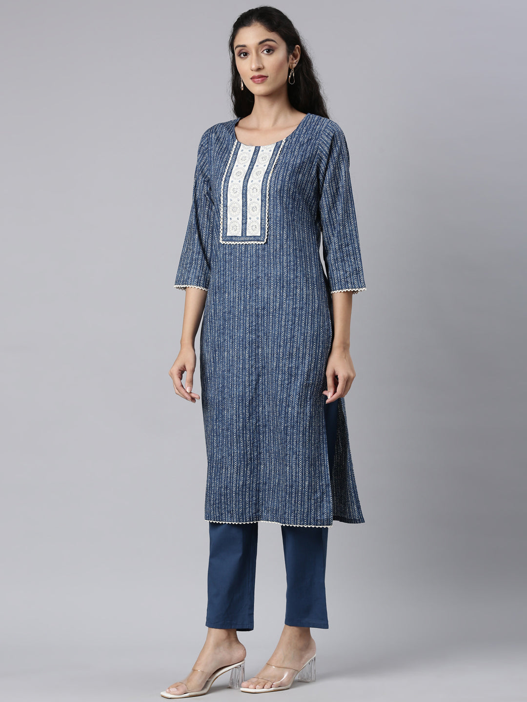 Neerus Blue Panelled Straight Kurta and Trousers With Dupatta