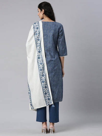 Neerus Blue Panelled Straight Kurta and Trousers With Dupatta