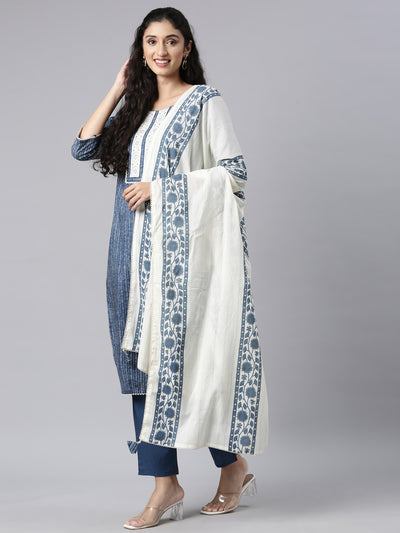 Neerus Blue Panelled Straight Kurta and Trousers With Dupatta