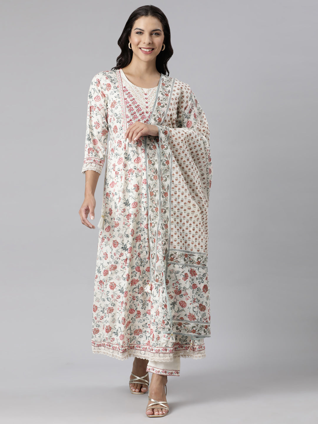 Neerus Off White Panelled Straight Printed Kurta And Trousers With Dupatta