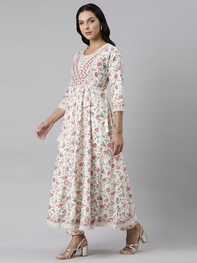 Neerus Off White Panelled Straight Printed Kurta And Trousers With Dupatta