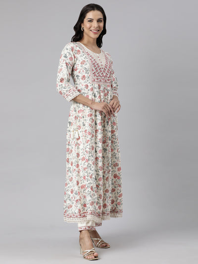 Neerus Off White Panelled Straight Printed Kurta And Trousers With Dupatta