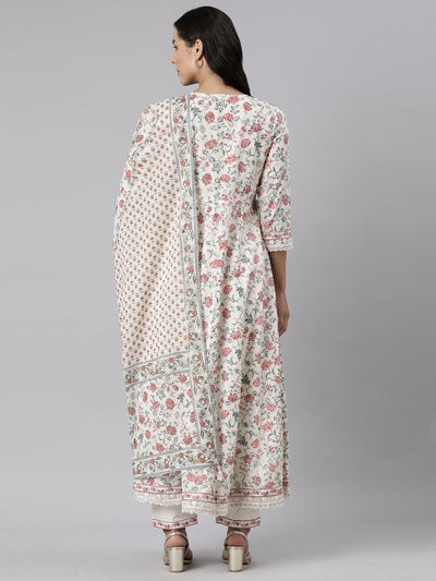 Neerus Off White Panelled Straight Printed Kurta And Trousers With Dupatta