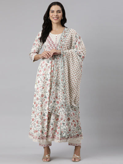 Neerus Off White Panelled Straight Printed Kurta And Trousers With Dupatta