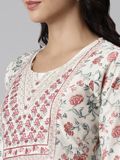 Neerus Off White Panelled Straight Printed Kurta And Trousers With Dupatta