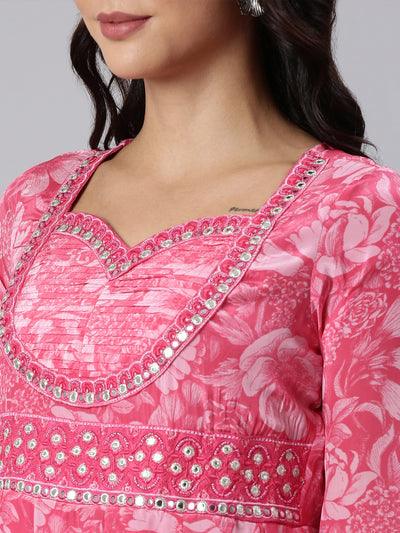 Neerus Pink Panelled Printed Kurta And Trousers With Dupatta