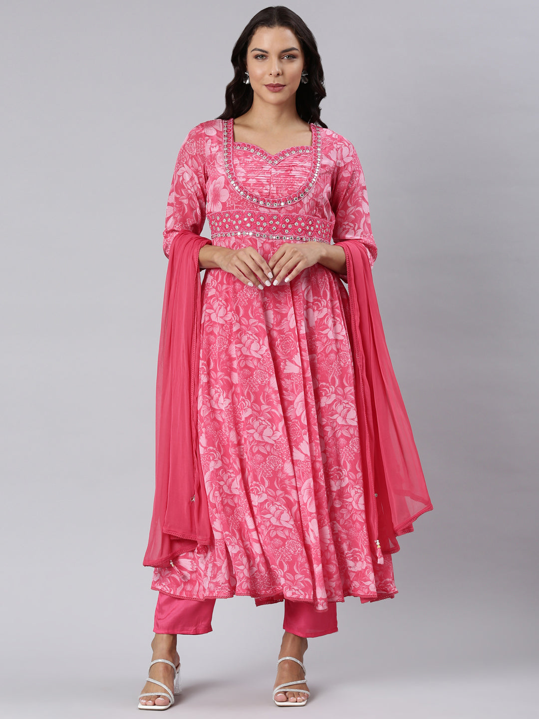 Neerus Pink Panelled Printed Kurta And Trousers With Dupatta