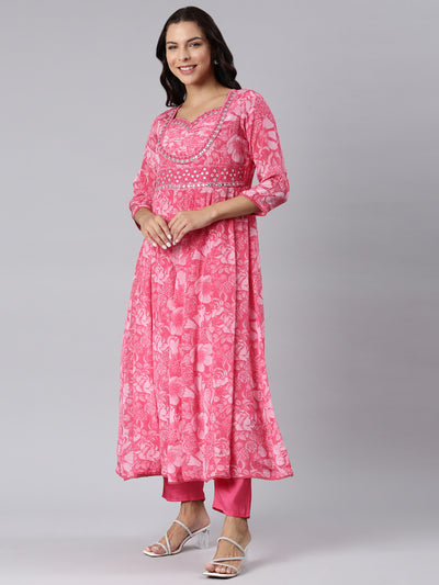 Neerus Pink Panelled Printed Kurta And Trousers With Dupatta