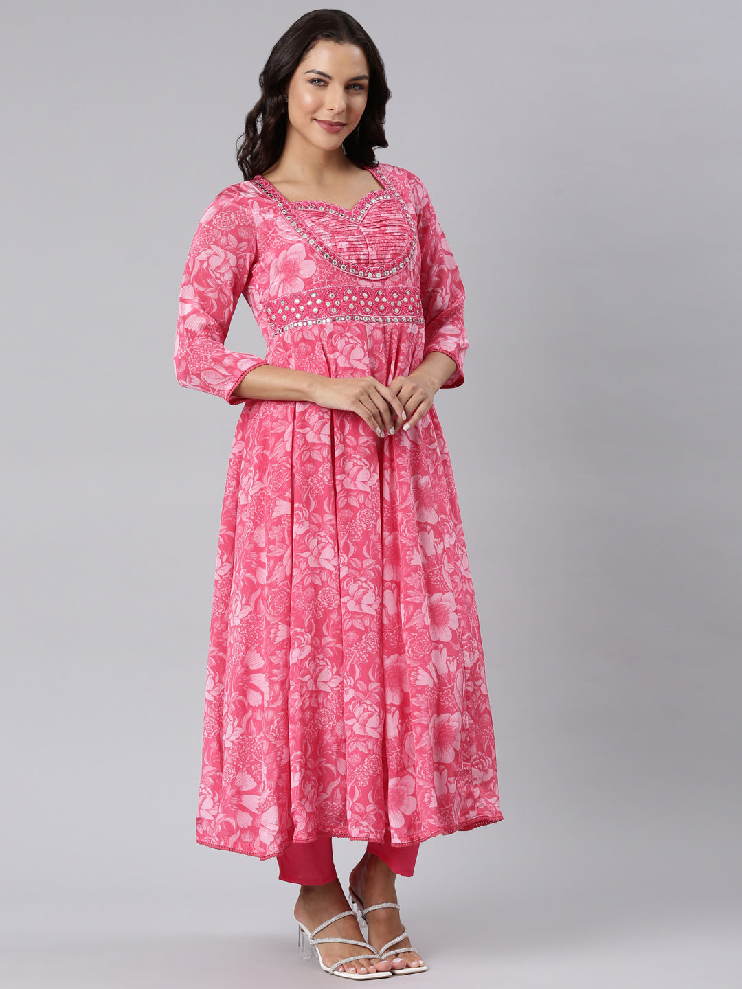 Neerus Pink Panelled Printed Kurta And Trousers With Dupatta