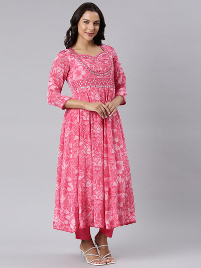 Neerus Pink Panelled Printed Kurta And Trousers With Dupatta