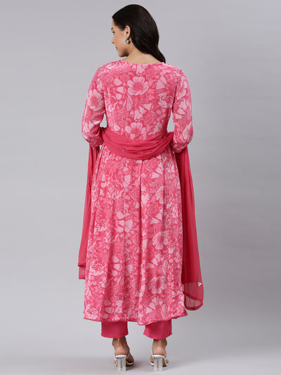 Neerus Pink Panelled Printed Kurta And Trousers With Dupatta