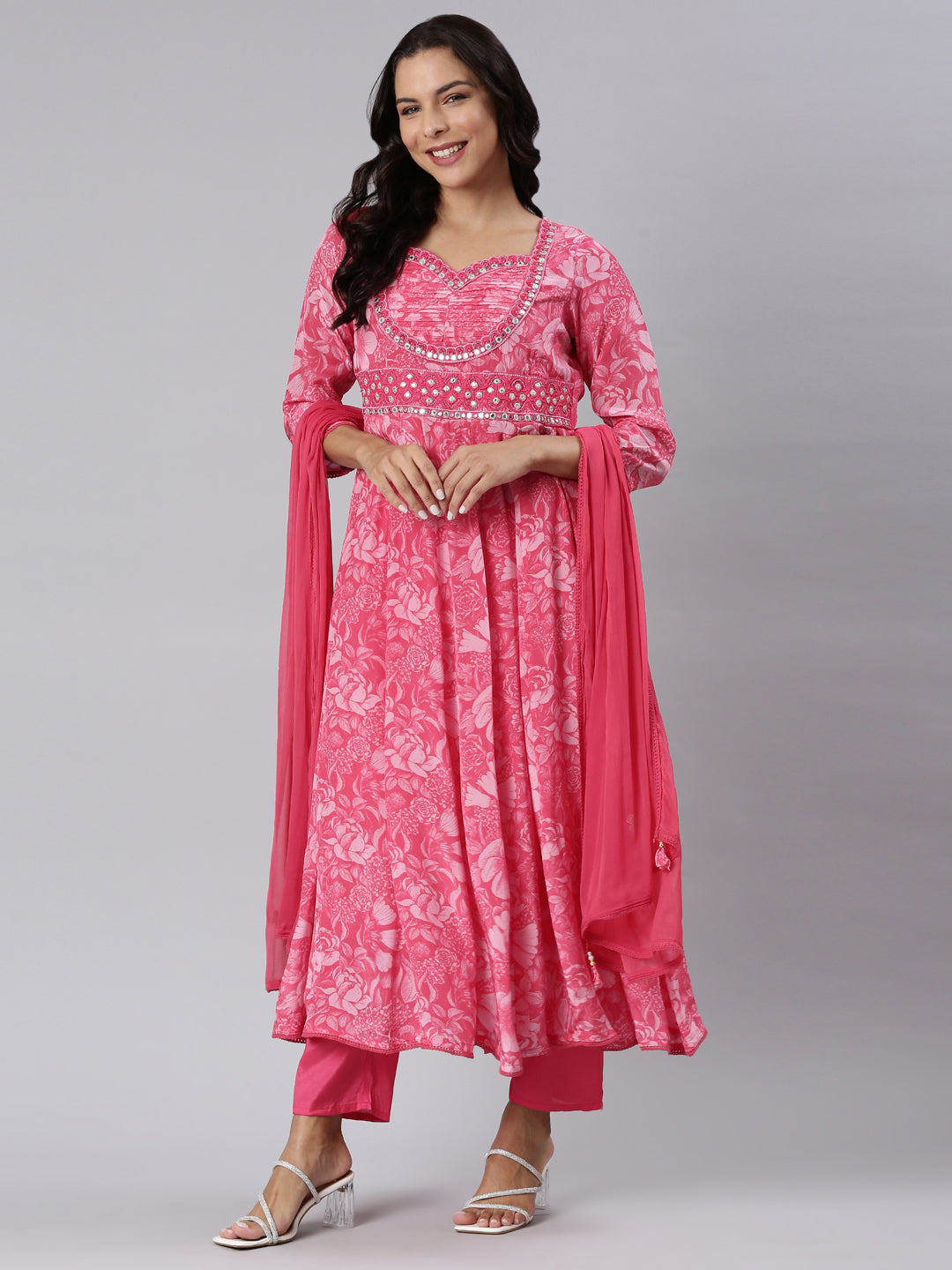 Neerus Pink Panelled Printed Kurta And Trousers With Dupatta