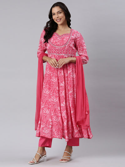 Neerus Pink Panelled Printed Kurta And Trousers With Dupatta