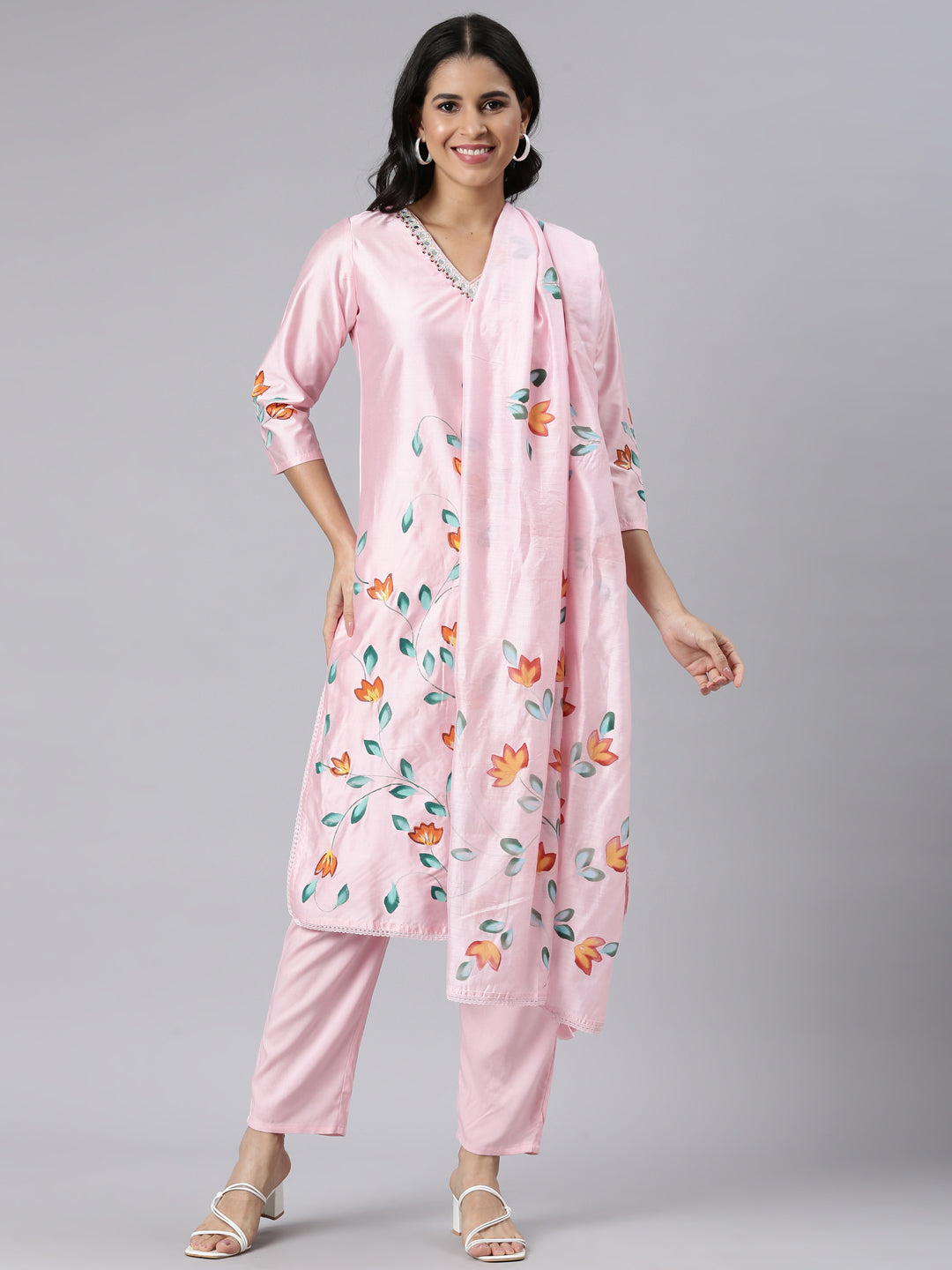 Neerus Pink Regular Straight Printed Kurta and Trousers With Dupatta