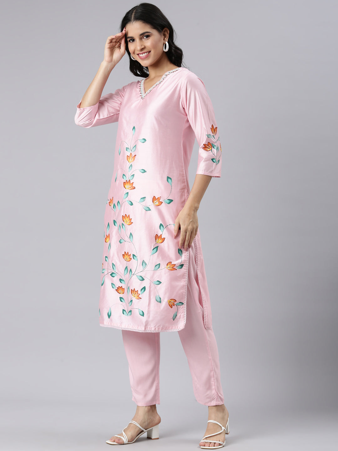 Neerus Pink Regular Straight Printed Kurta and Trousers With Dupatta