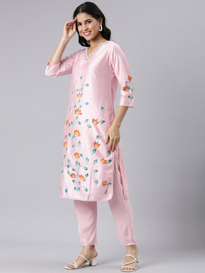 Neerus Pink Regular Straight Printed Kurta and Trousers With Dupatta