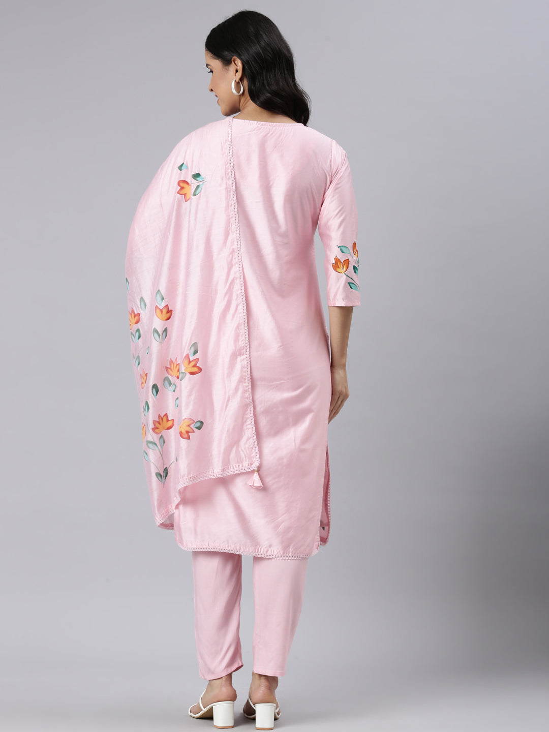 Neerus Pink Regular Straight Printed Kurta and Trousers With Dupatta