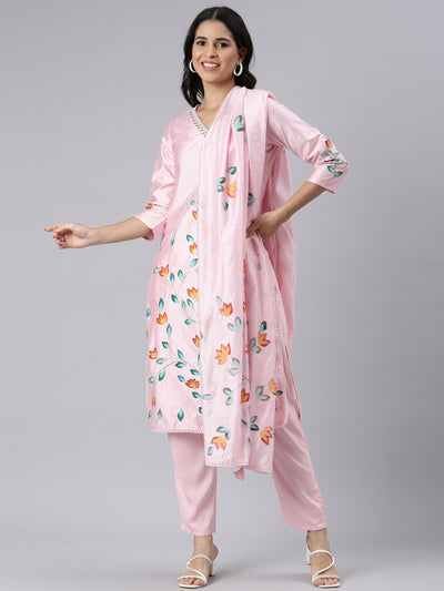 Neerus Pink Regular Straight Printed Kurta and Trousers With Dupatta