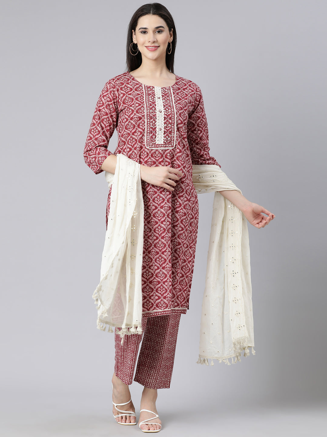 Neerus Maroon Panelled Straight Printed Kurta And Trousers With Dupatta