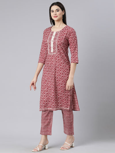 Neerus Maroon Panelled Straight Printed Kurta And Trousers With Dupatta