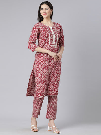 Neerus Maroon Panelled Straight Printed Kurta And Trousers With Dupatta