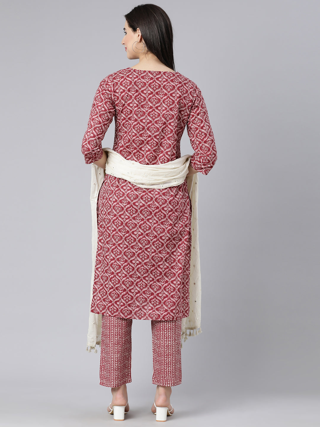 Neerus Maroon Panelled Straight Printed Kurta And Trousers With Dupatta