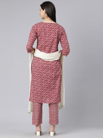 Neerus Maroon Panelled Straight Printed Kurta And Trousers With Dupatta