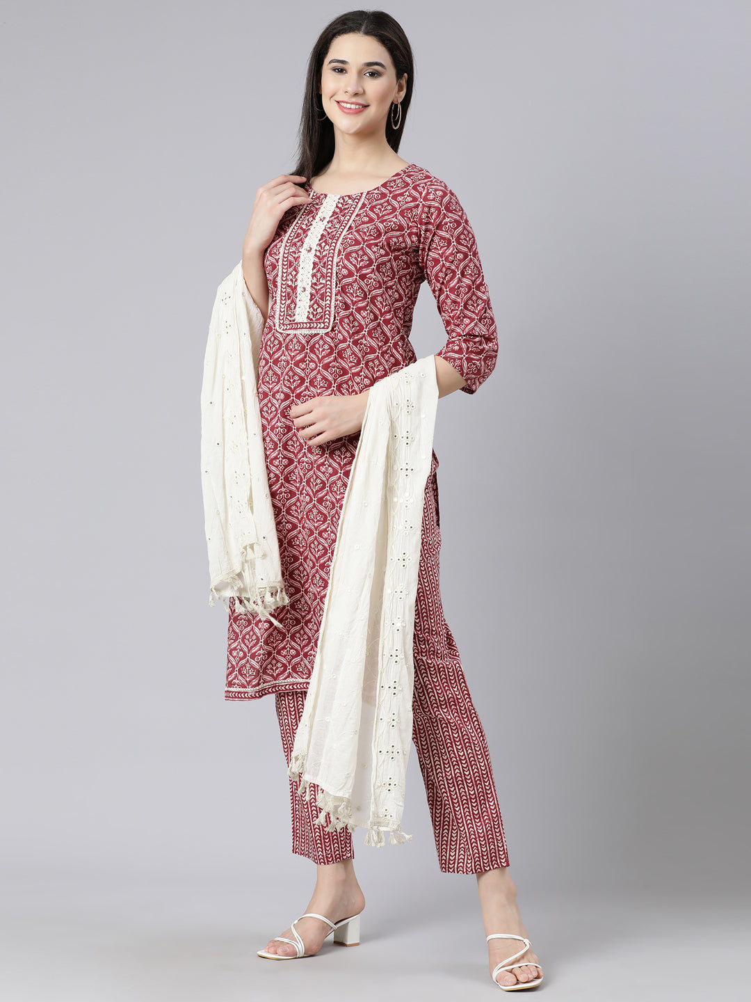 Neerus Maroon Panelled Straight Printed Kurta And Trousers With Dupatta