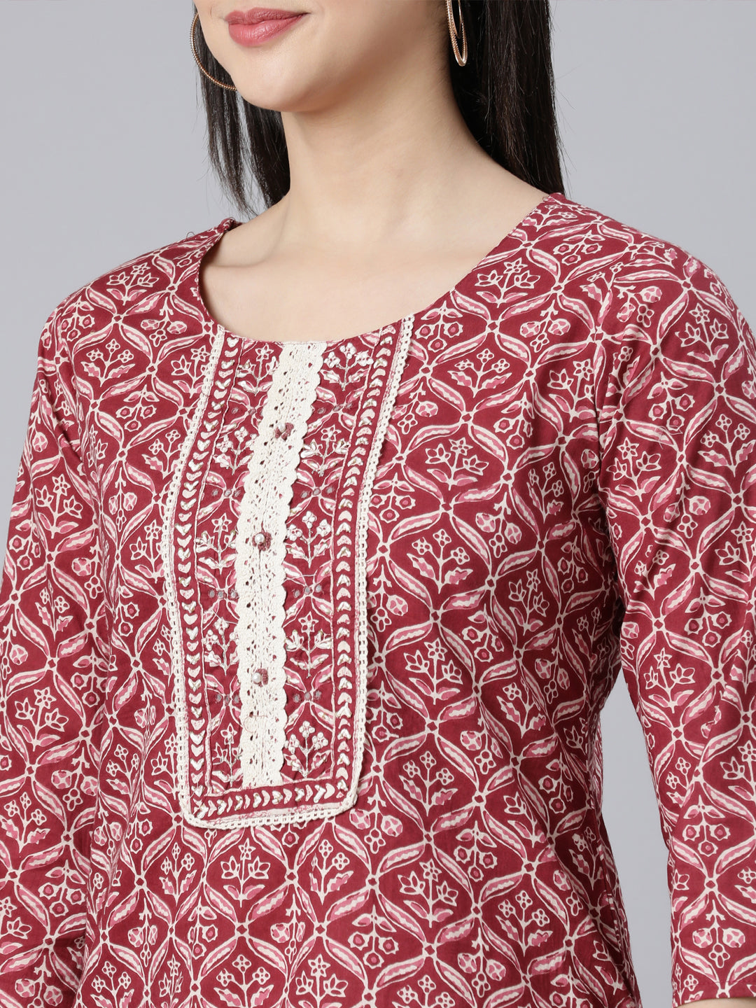 Neerus Maroon Panelled Straight Printed Kurta And Trousers With Dupatta