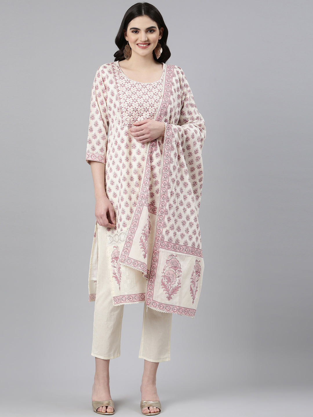 Neeru's Cream Regular Straight Printed Readymade suits