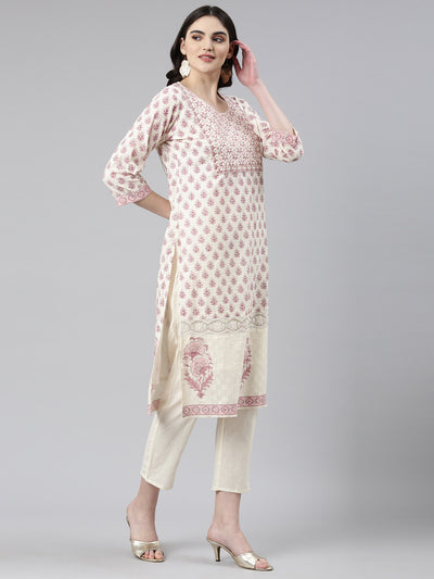 Neeru's Cream Regular Straight Printed Readymade suits