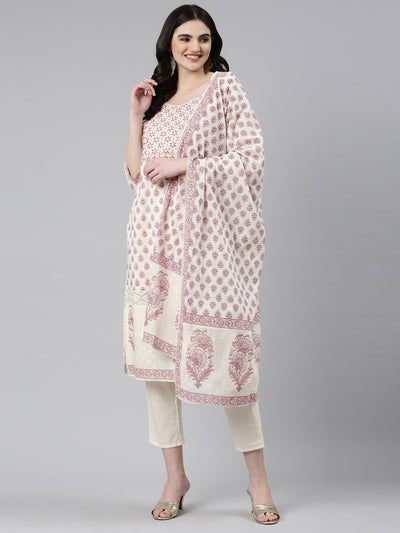 Neeru's Cream Regular Straight Printed Readymade suits